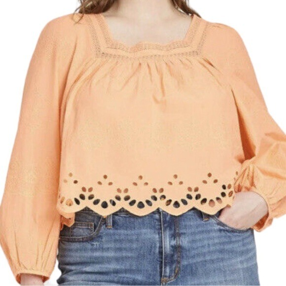 Universal Thread Tops - NWT Universal Thread Peach Eyelet Square Neck Long Sleeve Crop Blouse Women